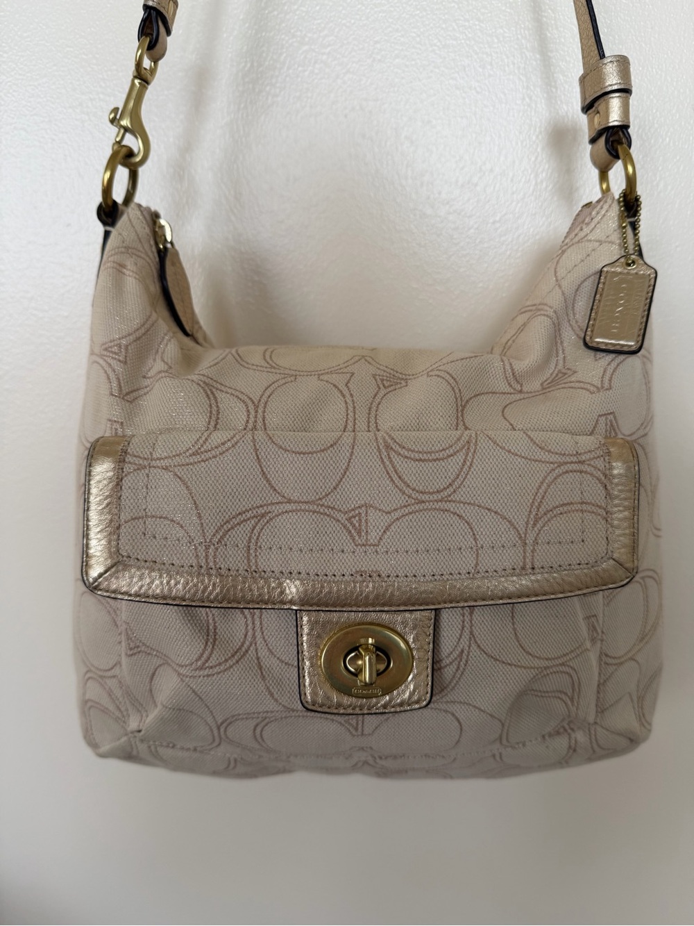 COACH Signature Penelope Linen Leather Crossbody Shoulder Bag F19189 Beige Gol